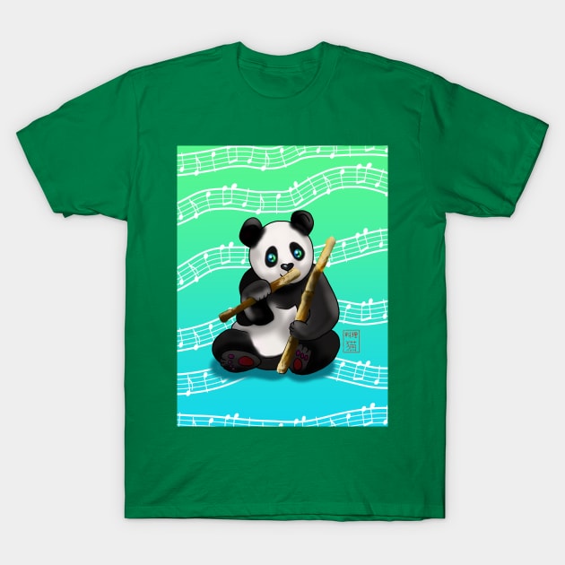 Cute panda with bamboo stalks on a musical green background T-Shirt by cuisinecat